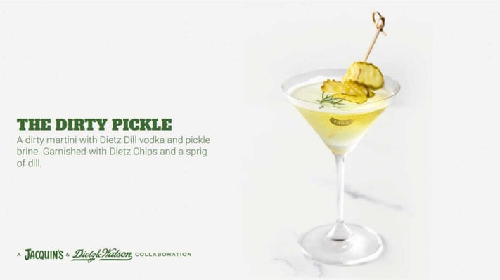 The Dirty Pickle. A dirty martini with Dietz Dill vodka and pickle brine. Garnished with Dietz Chips and a sprig of dill.